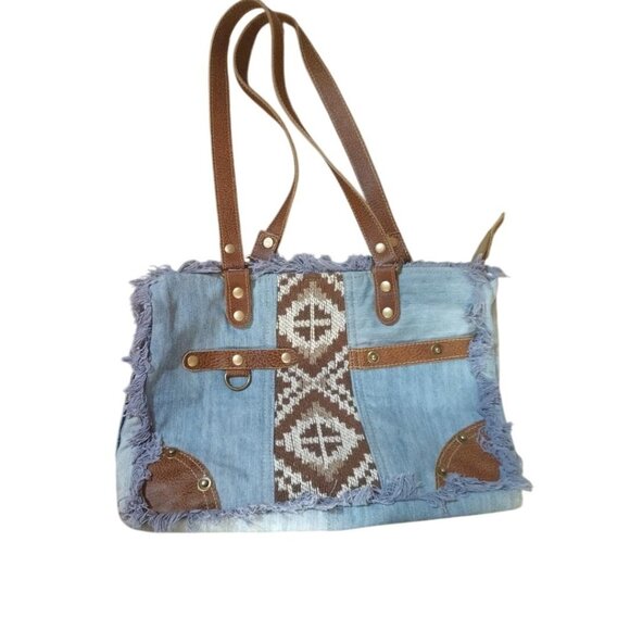 Large Myra Denim & Faux Leather Boho Tote Bag With Woven Aztec Pattern & Fringe - Picture 2 of 10